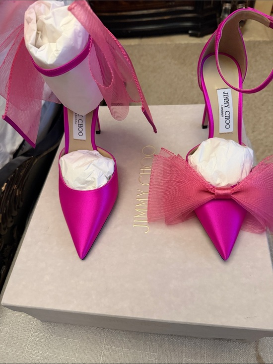 Jimmy Choo Shoes - Jimmy Choo Hot Pink Satin Pointed-Toe Bow Ankle-Strap Heels